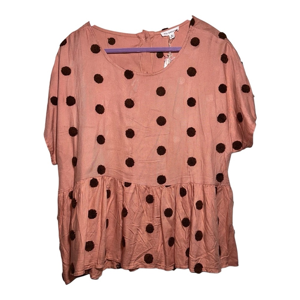 BLU PEPPER Baby-Doll Style Pink Shirt Brown Polka Dots Women’s Medium NWT